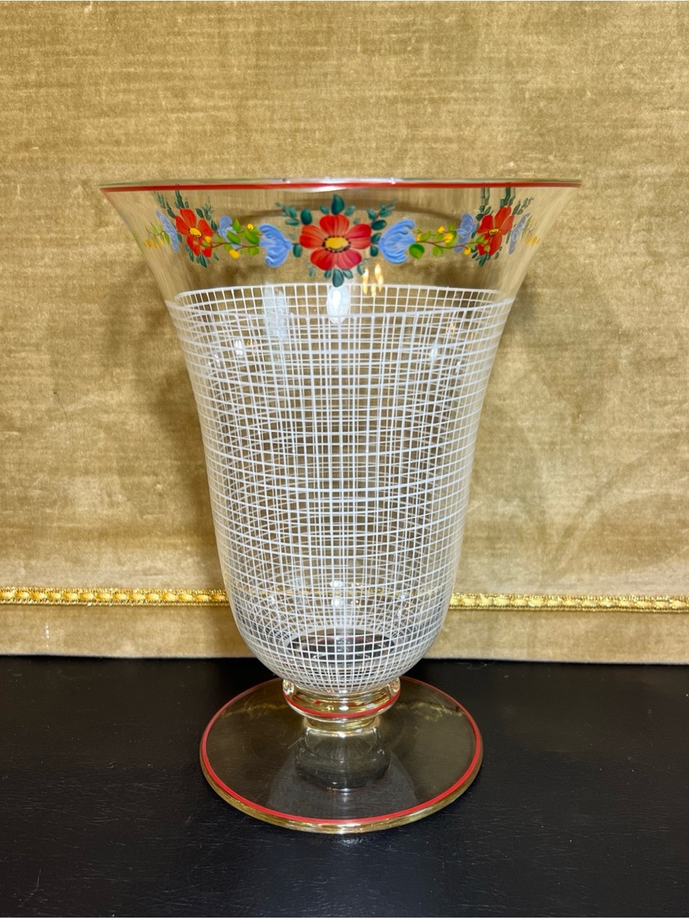 Vtg Footed Hurricane Vase Hand painted Floral White Grid Red Trim Cottagecore 9”